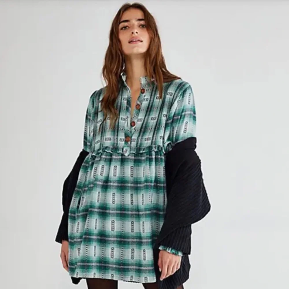 NWOT Free People Redwood Flannel Mini Dress Babydoll Ruffled Plaid Z405